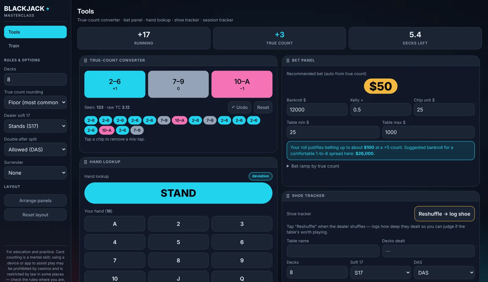 Trainer Tools screen: running count +17, true count +3, 5.4 decks left, a recommended bet of $50, and hand lookup showing stand on hard 16 against a 10 as a count deviation